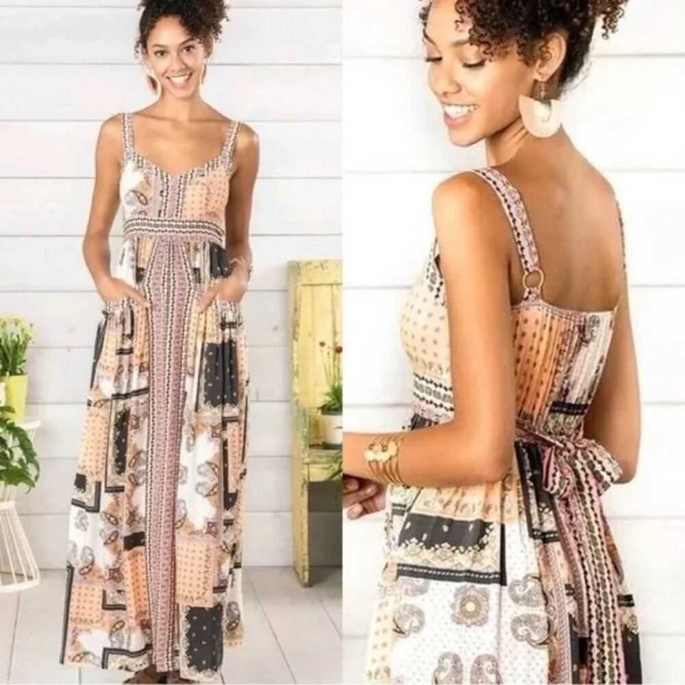 Matilda Jane Perfectly Paisley Maxi Dress - Size Medium, Peach/Grey/Neutral